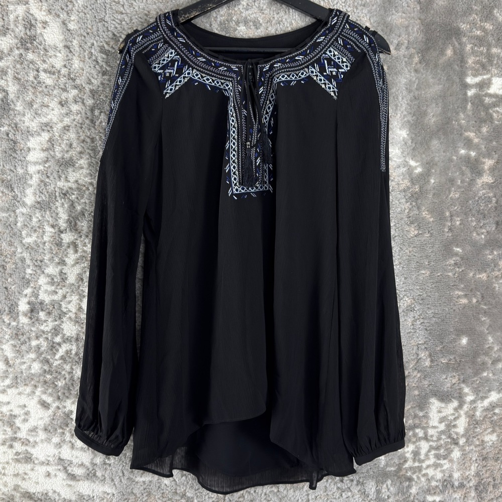 White House Black Market Size 8 Embroidered Tassel Boho Blouse Black Long Sleeve